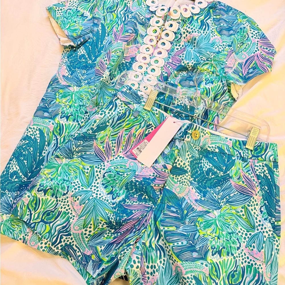 NWT LILLY PULITZER SHORT SET SIZE 6 8 BOTANICAL GREEN HOLIDAY IN THE SUN 2 PC